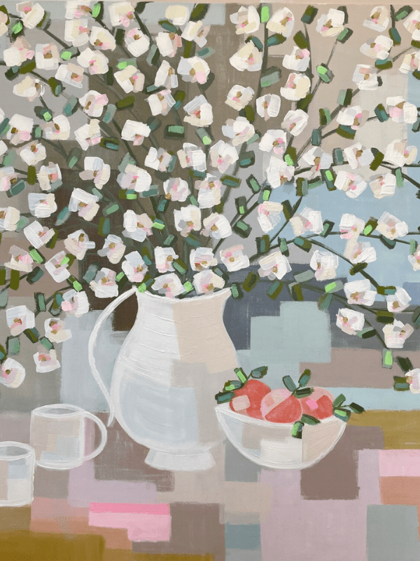Still life painting with white blossoms and fruit