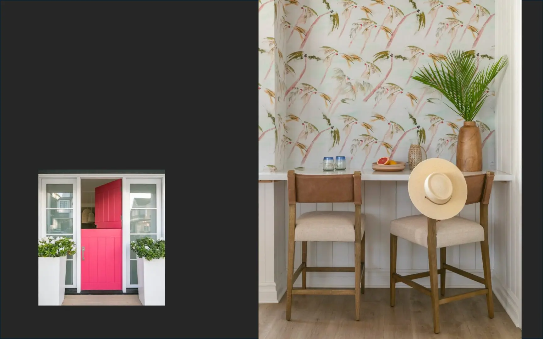 A bright pink Dutch door and a bar counter with palm tree wallpaper and leather stools.