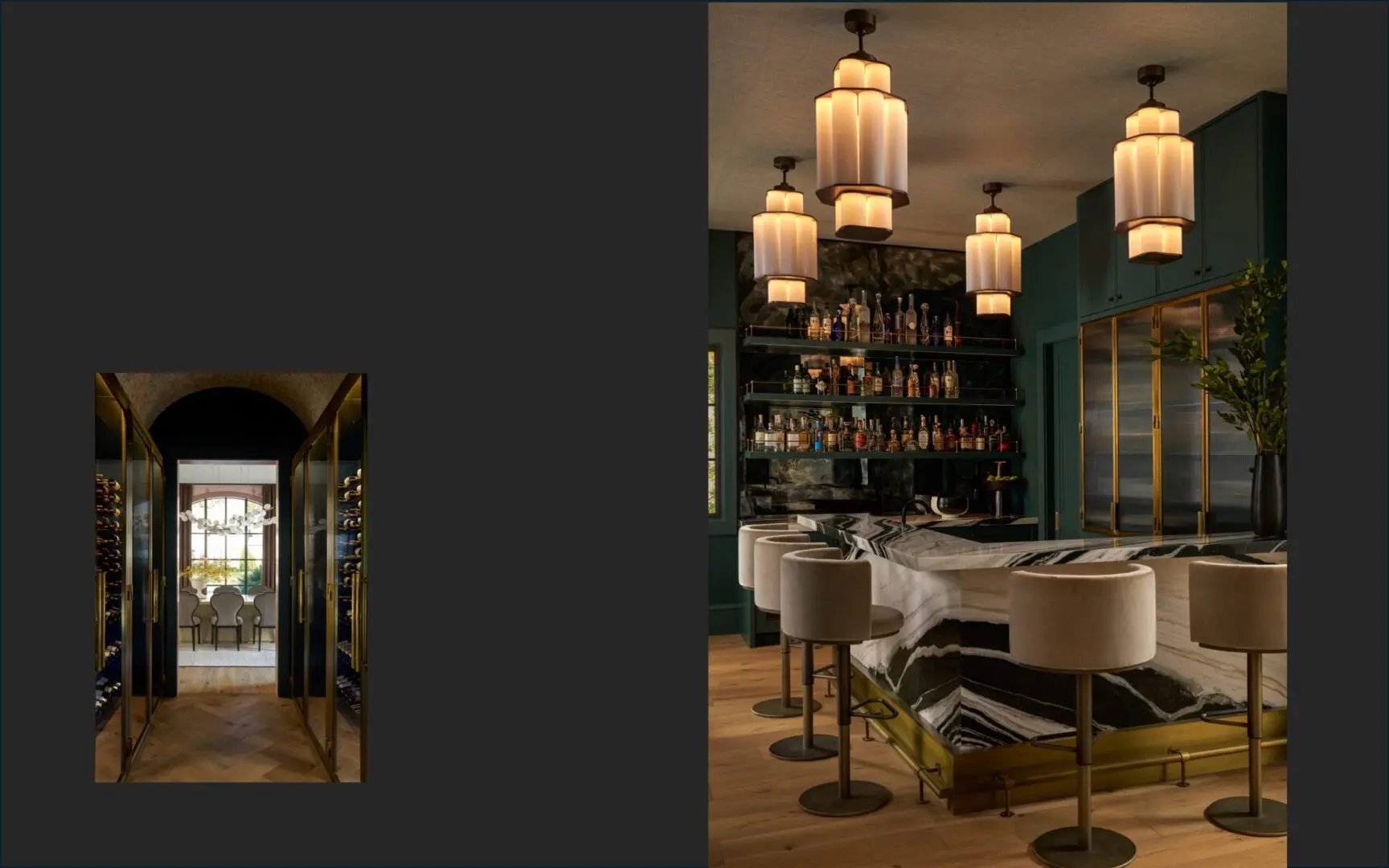 Bold home bar with exotic marble slabs and luxury win room with arched ceiling.