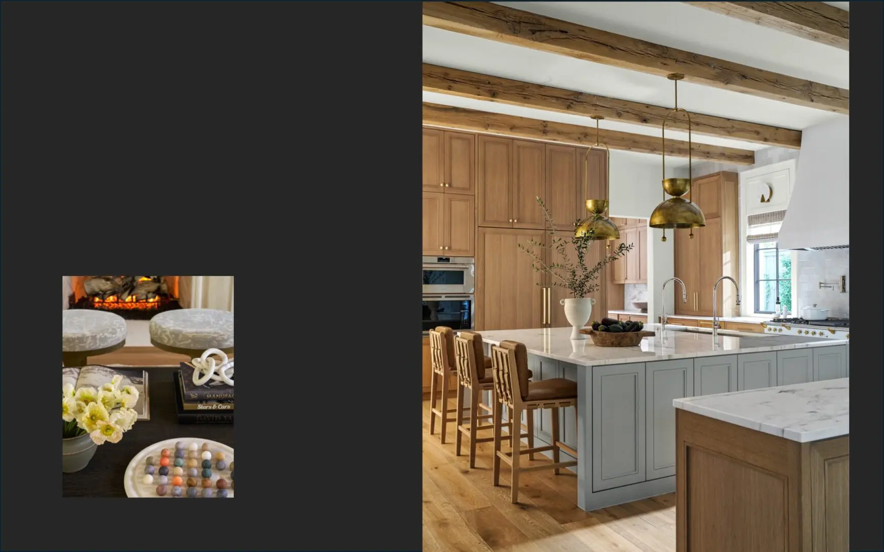 Transitional kitchen with large island, brass pendants, and wood cabinetry.