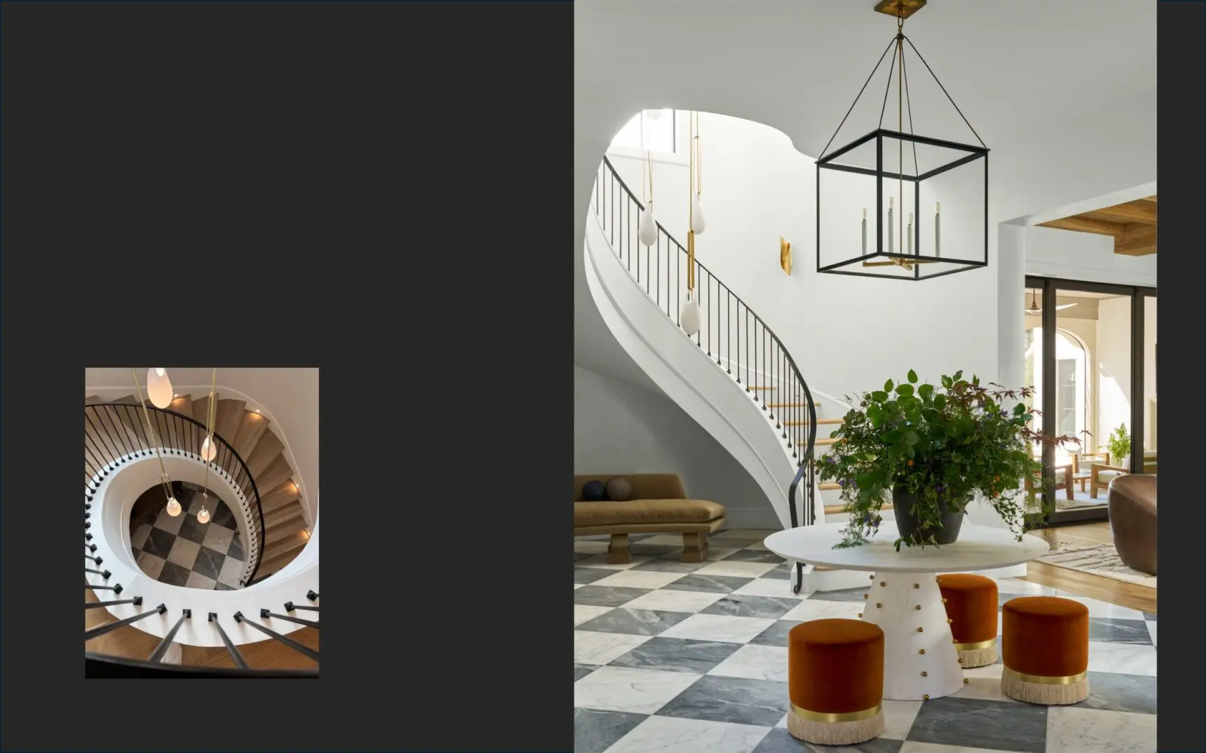 Grand entry of a traditional home with a curved staircase and black and white marble checkered floor.