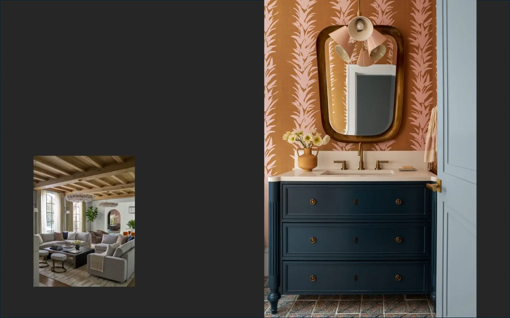 Bold powder bathroom with pink and orange vine wallpaper and a sophisticated living room with crystal chandeliers.
