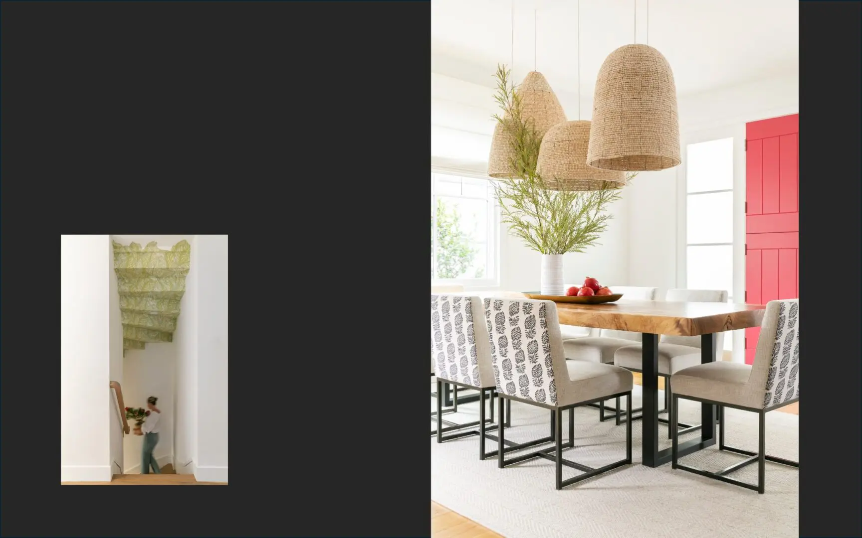 Coastal bohemian dining room with beaded pendants and a live edge wood table.