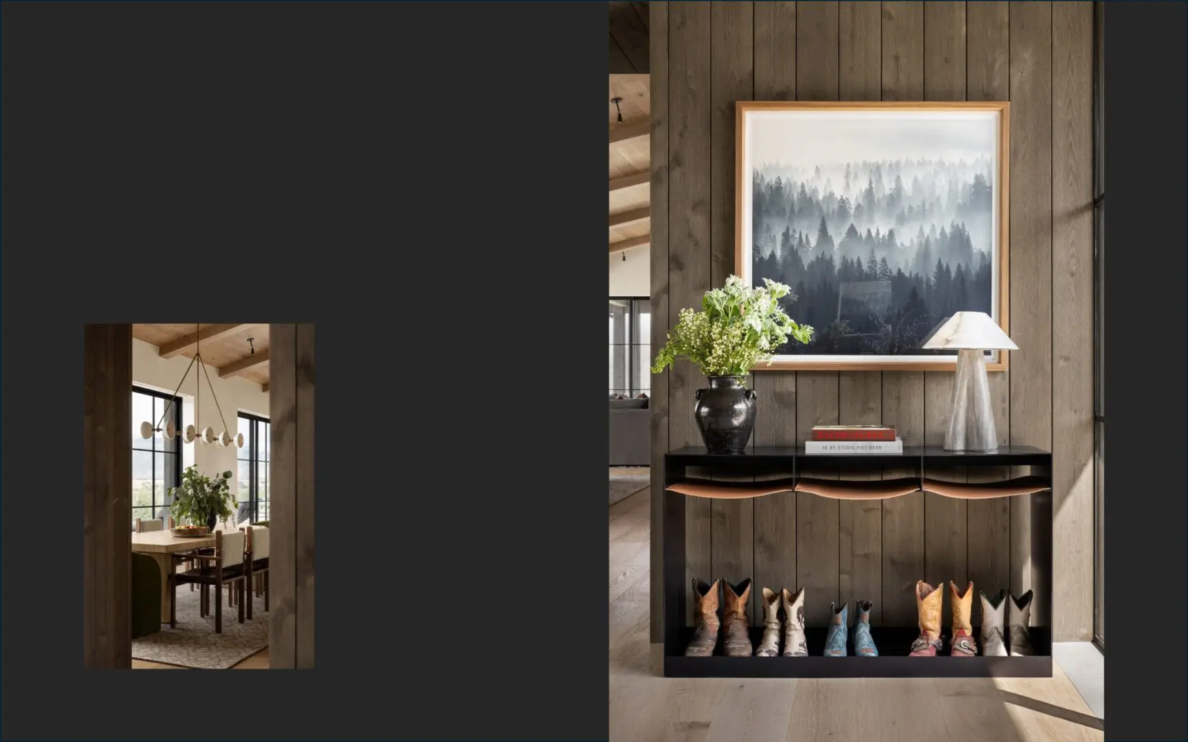 Mountain home entry with forest art, cowboy boots, and peek into dining room.
