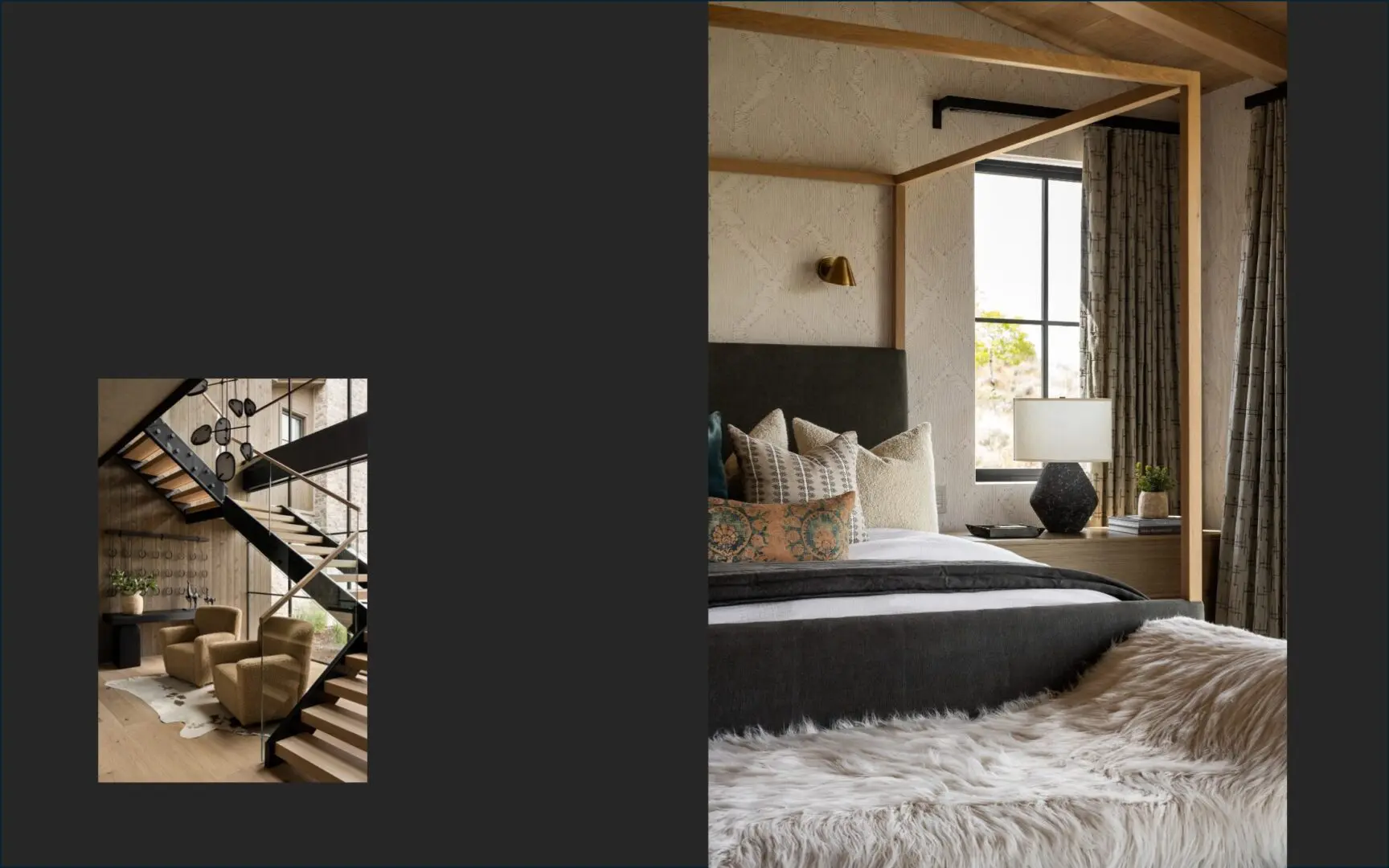 Luxury mountain home with architectural floating staircase and canopy bed.