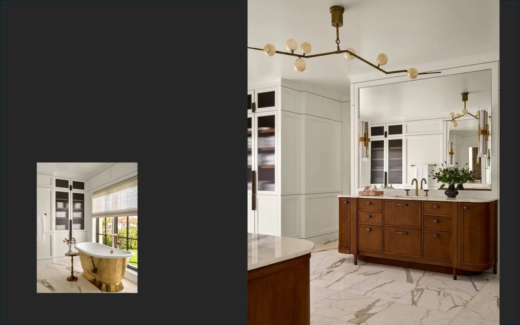 Luxury marble bathroom with brass soaking tub and walnut vanity with edgy light fixture.