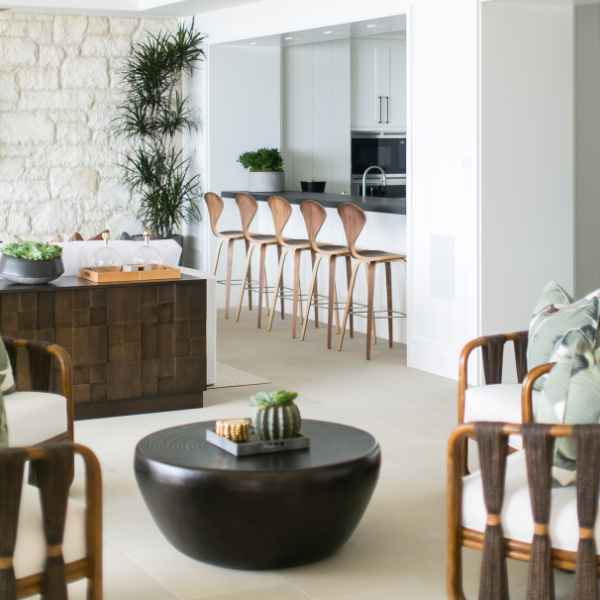 Modern living room with kitchen bar.
