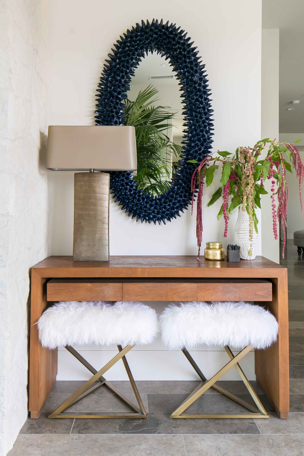 Blackband_Design_Project_Camden-60-C Entryway with blue mirror and fur stools.