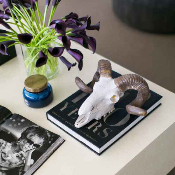 Book with ram skull and calla lilies.