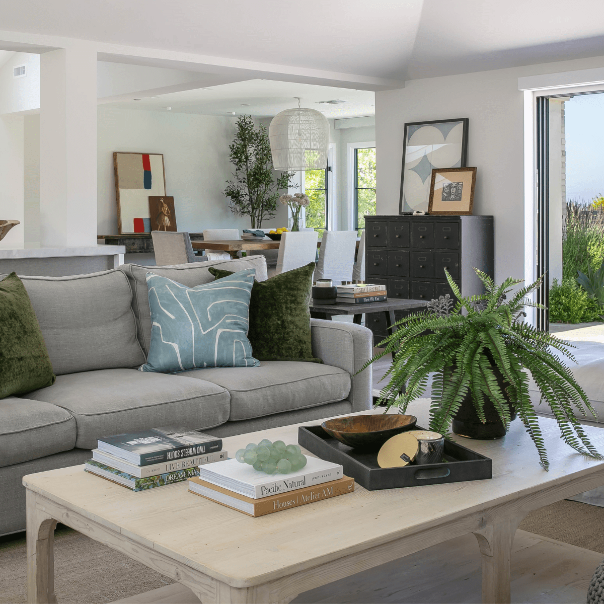 Modern living room with light wood coffee table.