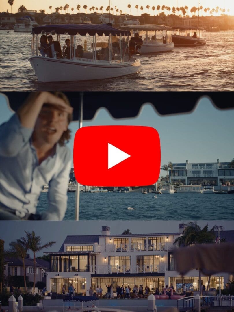 Scenes of Newport Harbor with a red play button to view the music video.