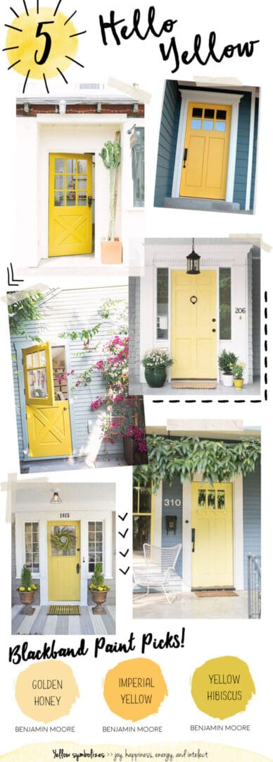 Yellow front doors with various design styles.
