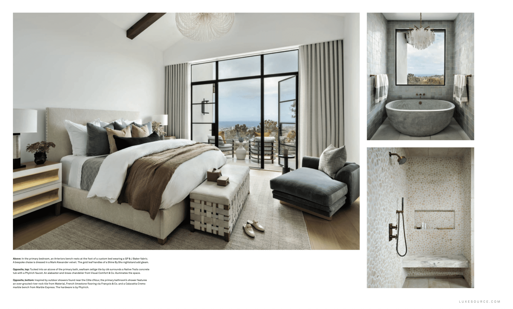 Neutral primary bedroom with pops of color and ocean-inspired main bathroom.