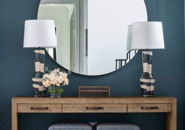 Entry way with teal wall paint.